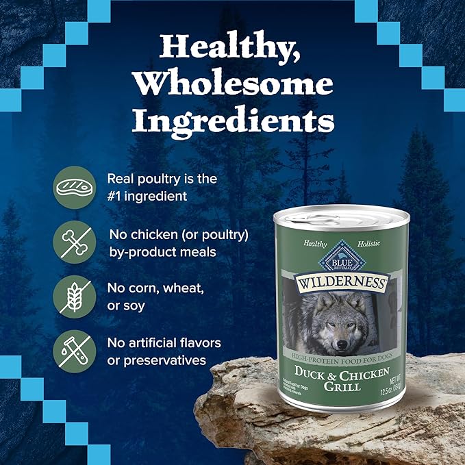 Blue Buffalo Wilderness High Protein, Natural Adult Wet Dog Food, Duck & Chicken Grill 12.5-oz cans (Pack of 12)