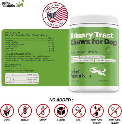 Deley Naturals Dog UTI Prevention - 120 Grain Free Soft Chews - Incontinence, Bladder, Kidney & Immune System Support - Cranberry Pills - D-Mannose & Echinacea - Made in USA - Natural Chicken Flavor