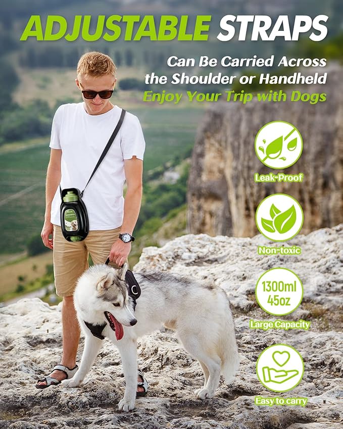 Dog Water Bottle, 45 oz Leak Proof Portable Pet Water Dispenser for Dogs, Foldable Dog Water Bottle with Water Bowl, Large Size Dog Travel Water Bottle for Dogs Hiking, Training - Green