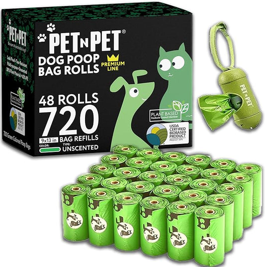 Pet N Pet 720 Counts, Unscented Dog Poop Bags Rolls, 38% Plant Based & 62% PE Poop Bags For Dogs, 48 Rolls Doggie Poop Bags with Dispenser, Extra Thick Pet Waste Bags, Puppy Poop Bags, Dog Trash Bags