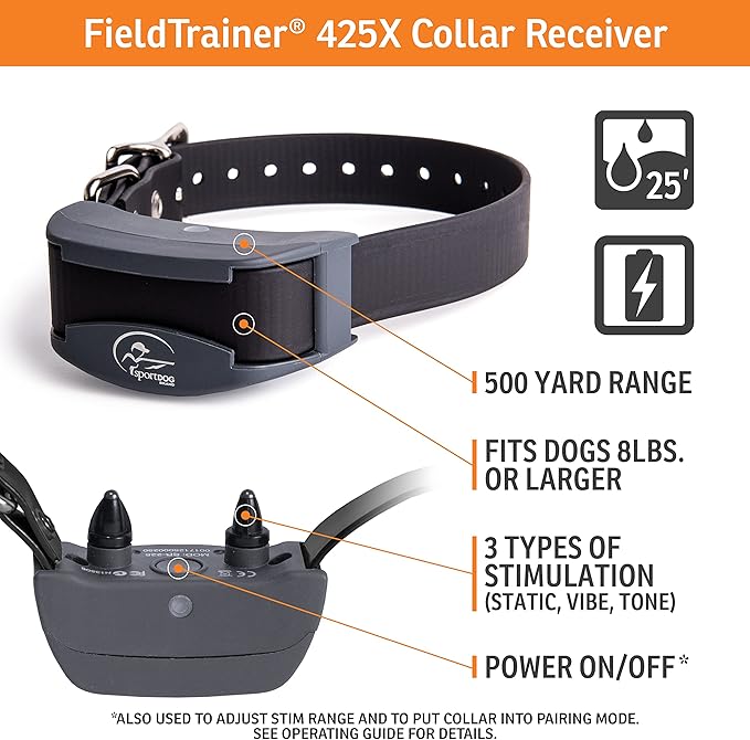 SportDOG Brand 425X Shock Collar - Remote Trainer with Extra Collar - Train 2 Dogs - 500 Yard Range Collar with Shock, Vibrate and Tone, Rechargeable - (1) Black and (1) Orange Dog Training Collars