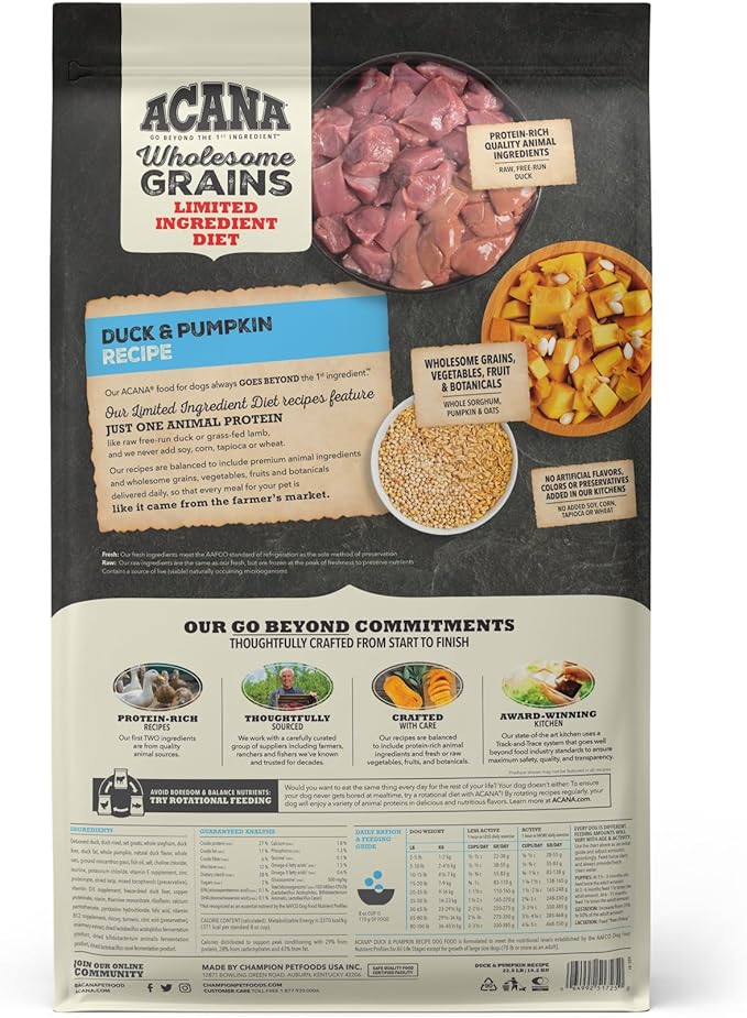 ACANA Wholesome Grains Limited Ingredient Diet Dry Dog Food, Duck & Pumpkin Recipe, Single Protein Duck Dog Food, 22.5lb