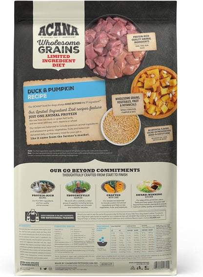 ACANA Wholesome Grains Limited Ingredient Diet Dry Dog Food, Duck & Pumpkin Recipe, Single Protein Duck Dog Food, 22.5lb