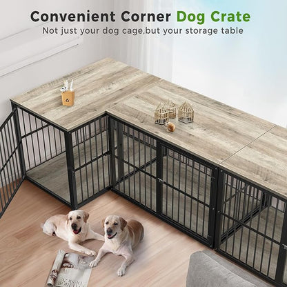 39'' L-Shaped Corner Dog Crate Furniture Large Breed with Double Rooms,Wooden Dog Crate End Table Indoor with Removable Divider for Small to Medium Dogs, Can Use Separately