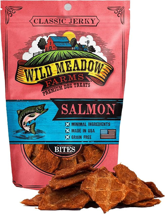 Wild Meadow Farms - Classic Salmon Bites, Soft Jerky Treats for Dogs, Grain-Free & All-Natural, Ideal for Training, Portioning, and High-Value Rewards for All Breeds & Ages - 3.5 Ounce Pouch
