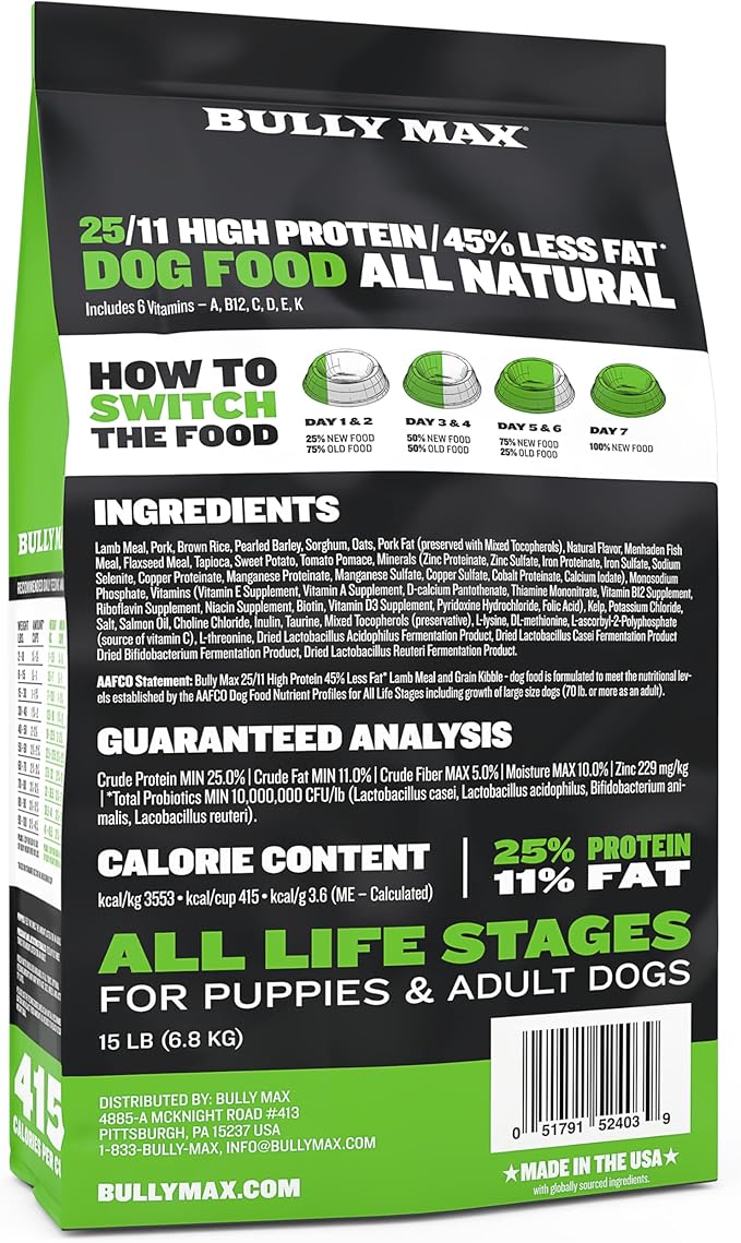 Bully Max 25/11 High Protein & Low Fat Dry Lamb Dog Food for Puppies and Adult Dogs - Chicken-Free Lamb Flavor - Natural Puppy Food for All Ages, Small and Large Breeds - Large Kibble Size, 15 lb. Bag