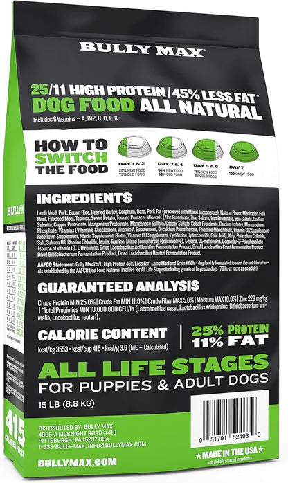 Bully Max 25/11 High Protein & Low Fat Dry Lamb Dog Food for Puppies and Adult Dogs - Chicken-Free Lamb Flavor - Natural Puppy Food for All Ages, Small and Large Breeds - Large Kibble Size, 15 lb. Bag