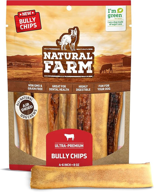 Natural Farm Bully Chips (4-6 Inch, 8 Oz.), Digestible Beef Cheek from Grass-Fed Cows, Non-GMO, Grain-Free, Natural Long-Lasting Dog Chews for Small, Medium & Large Dogs, Great Rawhide Alternative
