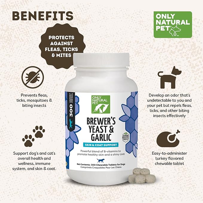 Only Natural Pet Brewer's Yeast & Garlic Chewables - All-Natural Flea & Tick Prevention for Dogs - Fortified with B Vitamins - Promotes Healthy Skin & Coat - 300 Count Tablet (3 Pack)