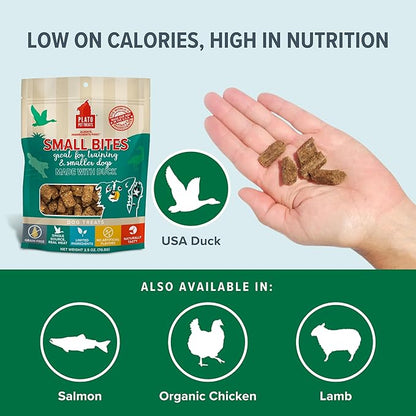 Plato Pet Treats Air Dried Small Bites Dog Treats, Natural Bite Sized Real Meat & Duck, Grain Free & High Protein, Made in the USA, 6oz