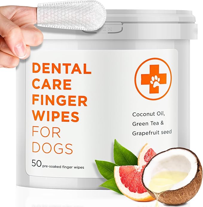 Dental Care Finger Wipes for Dogs - Dog Dental Teeth Cleaning Wipes for Dogs- Pre-Soaked Oral Cleaning Pads- Reduces Plaque, Tartar & Freshen Breath - 50 Disposable Wipes