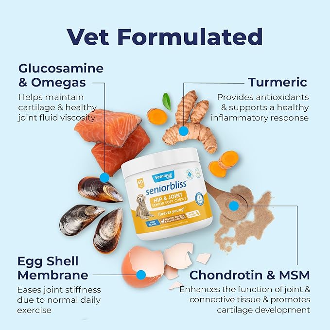 Vetnique Seniorbliss Senior Dog Joint Supplement with Glucosamine and Chondroitin for Dogs Joint Support and Healthy Cartilage Development - for Small & Large Breeds