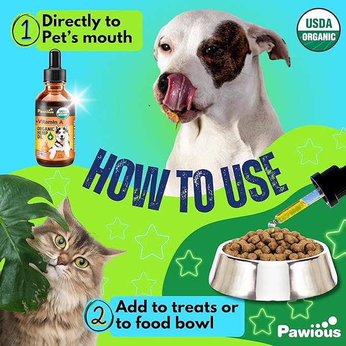 Hemp Oil for Dogs and Cats - USDA Organic, Large 2oz Bottle, Made in USA - Omega 3, 6 and 9, Vitamins A and E - Hip and Joint Support - Anxiety, Arthritis and Seizures Relief, Calming Aid