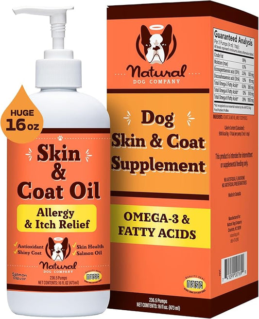 Natural Dog Company Skin & Coat Oil (16 oz.), Supports Skin Health, Fish Oil Supplements for Dogs, Soft Coat, Salmon Oil & Flaxseed Oil, Fatty Acids, Bottle of Dog Fish Oil with pump, Antioxidant