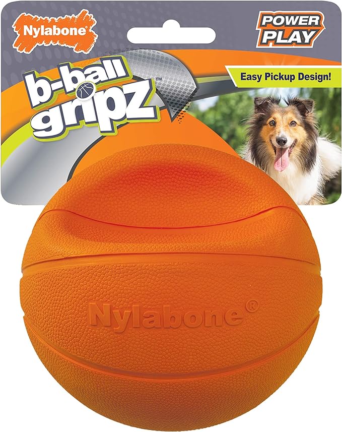 Nylabone Power Play Basketball B-Ball Gripz Fetch Toy, Squeaky Ball Chew Toy for Dogs, Medium (1 Count)