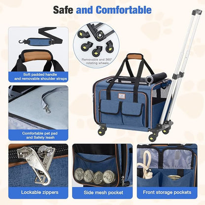 Lekereise Airline Approved Cat Dog Carrier with Wheels Expandable Rolling Pet Carrier for Medium Dogs and Cats Under 15 25LBS, Pet Travel Carrier on Wheels, Blue