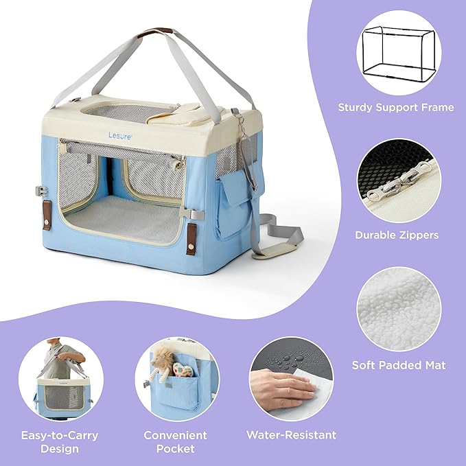 Lesure Collapsible Travel Dog Crate for Small Dogs, Portable Soft Dog Crate for Outdoor & Indoor, Folding Fabric Dog Kennel with Handle, 24 Inch Heavy Duty Pet Carrier (Blue)