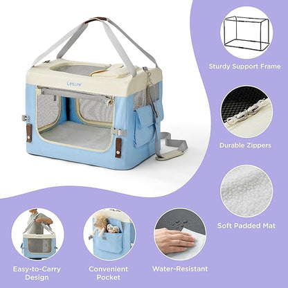 Lesure Collapsible Travel Dog Crate for Small Dogs, Portable Soft Dog Crate for Outdoor & Indoor, Folding Fabric Dog Kennel with Handle, 24 Inch Heavy Duty Pet Carrier (Blue)