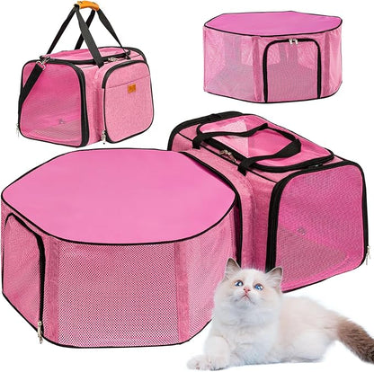Cat Carrier, Detachable Pet Carrier Airline Approved, 18"x13.4"x11.8" Large Expandable Space 3 in 1 Soft Sided Small Dog Travel Bag, Rabbit Cat Kennel, Pet Mobile Tent Outdoors Indoors (Pink)