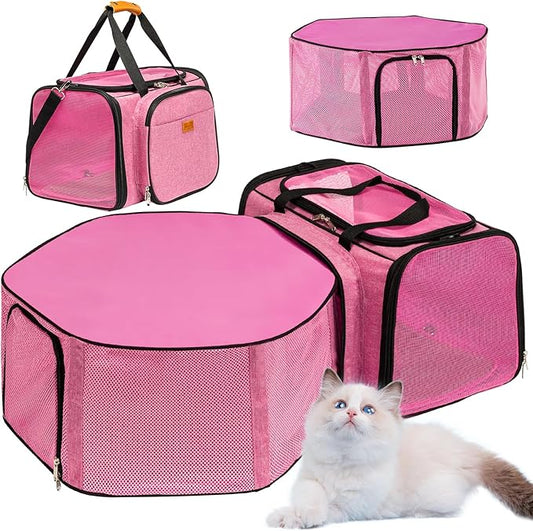 Cat Carrier, Detachable Pet Carrier Airline Approved, 18"x13.4"x11.8" Large Expandable Space 3 in 1 Soft Sided Small Dog Travel Bag, Rabbit Cat Kennel, Pet Mobile Tent Outdoors Indoors (Pink)
