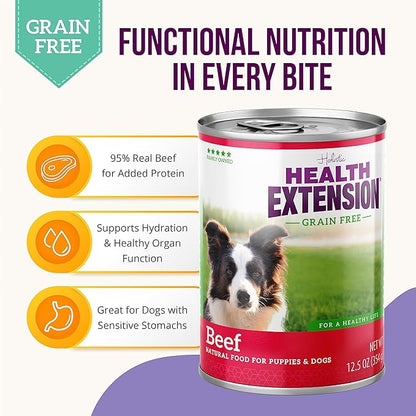 Health Extension Wet Dog Food, Gluten and Grain-Free, Healthy Natural Food Canned for Puppies, Include Beef Ingredient (12.5 Oz / 374 g)