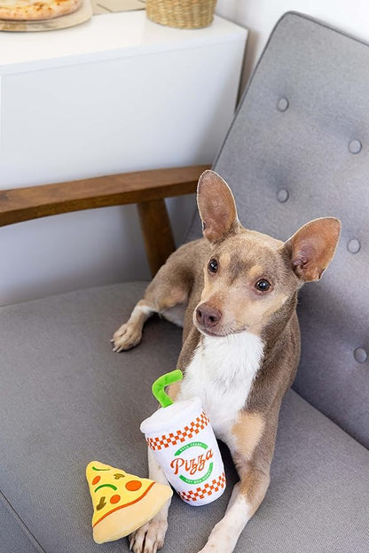Pearhead Puperoni Dog Toys, Set of 2, Plush Chew Toys, for Pets, Pizza and Drink Dog Toy Set, Must Have Pet Accessories for Dog Owners, Squeaker Toys, All Breeds