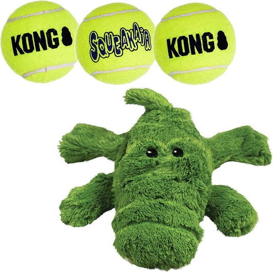 KONG Cozie Ali The Alligator and 3 SqueakAir Balls - Fun, Interactive Dog Toys - Balls for Fetch & Soft, Sturdy Toy for Indoor Play - for Small Dogs