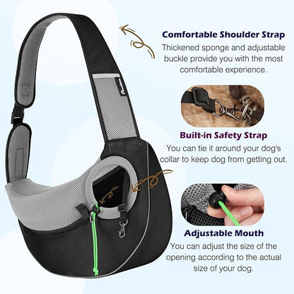 Pawaboo Pet Dog Sling Carrier, Hand Free Drawstring Dog Papoose with Adjustable Strap, Breathable Mesh Bag for Puppy Cat, Crossbody Satchel Dog Purse with Pocket for Outdoor Travel, Black, Large