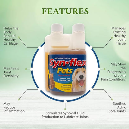 America Synflex for Pets - Liquid Glucosamine Joint Complex for Dogs, Cats - Senior Canine & Feline Chondroitin Juice Care Supplement - Helps Support Joint and Cartilage Health - Beef Flavor