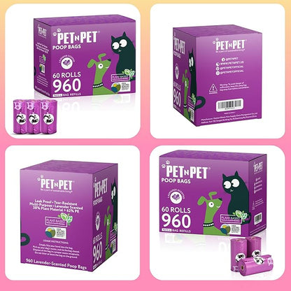 Pet N Pet Poop Bags for Dogs, 960 Counts Lavender Scented Dog Poop Bags, USDA Certified 38% Plant Based & 62% PE Dog Waste Bags, Doggie Poop Bags, Dog Poop Bags Rolls, Scented Poop Bags for Dogs