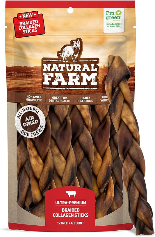 Natural Farm Braided Collagen Chews for Dogs (12 Inch, 6 Pack), Collagen Sticks, Natural Dog Chews, Long Lasting, for Small, Medium and Large Dogs, Odor-Free, Rawhide Alternative