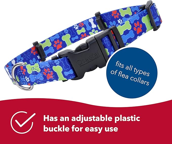 Coastal Pet SecureAway Flea Collar Protectors - Comfortable Dog Collar Accessory - Protective Flea Collar for Dogs - Adjustable Dog & Puppy Flea Collar Protection - Multi Bones, 1" x 14-20"