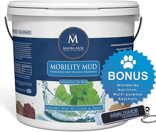 Madra Mor Mobility Dog Essentials Mud Bath | Dog Bath Spa Treatment for Dog Arthritis Pain Relief | Anti Itch for Dogs Wash for Dog Grooming | 7.5lb Pail w Worldwide Nutrition Multi Purpose Key Chain