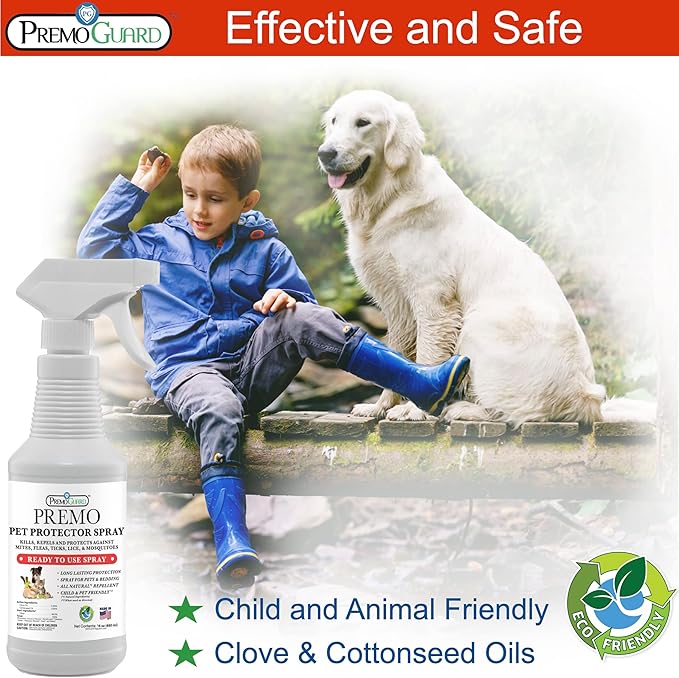 Pet Protector by Premo Guard 16 oz – 100% Effective Mite, Flea, Tick, & Mosquito Spray for Dogs, Cats, and Pets – Best Natural Protection for Control, Prevention, & Treatment