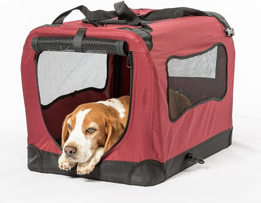 2PET Foldable Dog Crate - Soft, Easy to Fold & Carry Dog Crate for Indoor & Outdoor Use - Comfy Dog Home & Dog Travel Crate - Strong Steel Frame, Washable Fabric Cover, Frontal Zipper Large Red