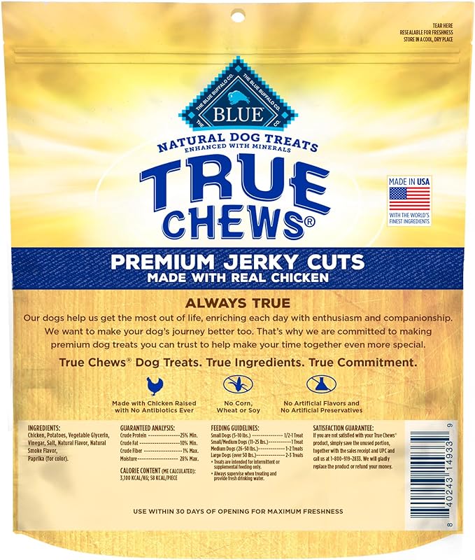 Blue Buffalo True Chews Premium Jerky Cuts Dog Treats, Made in the USA with Natural Ingredients and No Antibiotics Ever, Chicken, 4-oz. Bag