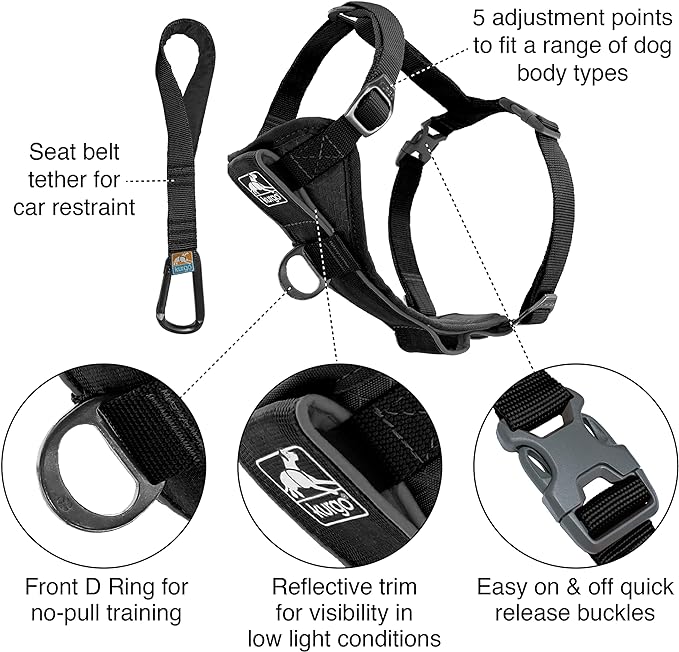 Kurgo Tru-Fit Smart Harness, Dog Harness, Pet Walking Harness, Quick Release Buckles, Front D-Ring for No Pull Training, includes Dog Seat Belt Tether (Black, Medium)