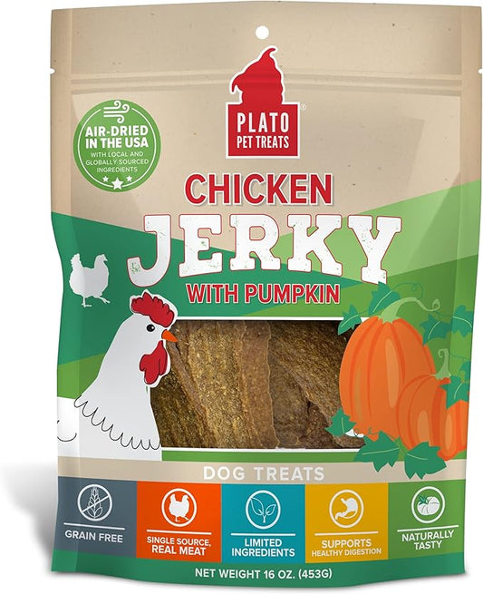 PLATO Pet Treats Air Dried, Real Meat, Chicken Jerky with Pumpkin Dog Treats, Made in The USA, Grain Free, 16oz