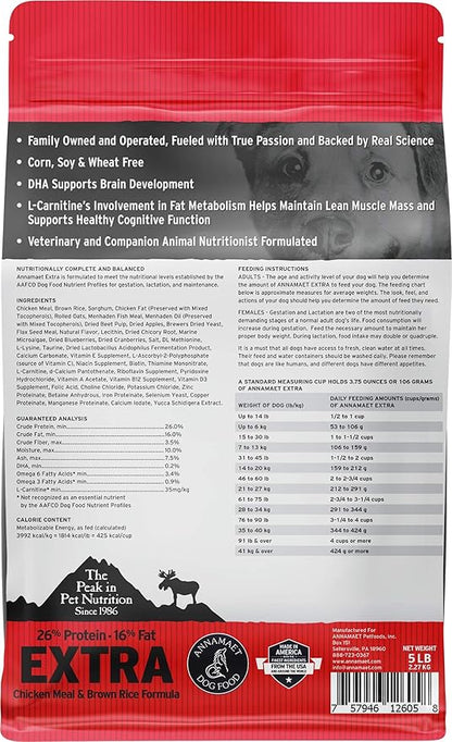Annamaet Original Extra Formula Dry Dog Food, 26% Protein (Chicken & Brown Rice), 5-lb Bag