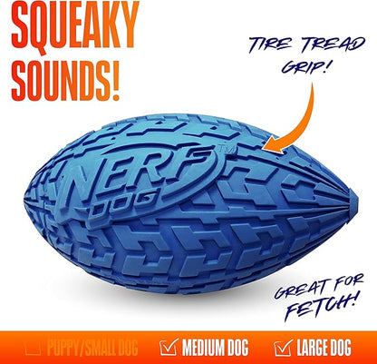 Nerf Dog Tire Football Dog Toy with Interactive Squeaker, Lightweight, Durable and Water Resistant, 6 Inch Diameter for Medium/Large Breeds, Single Unit, Blue (1571)