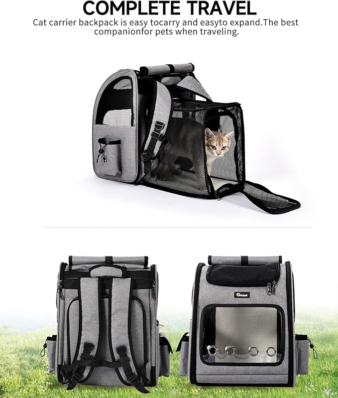 HOOPET Cat Backpack Carrier, Small and Medium Dogs and Cats Bags,Expandable Pet Carrier Backpack,Airline Approved,Suitable for Hiking/Travel/Camping, Etc, Foldable, Easy to Carry (Grey-01)