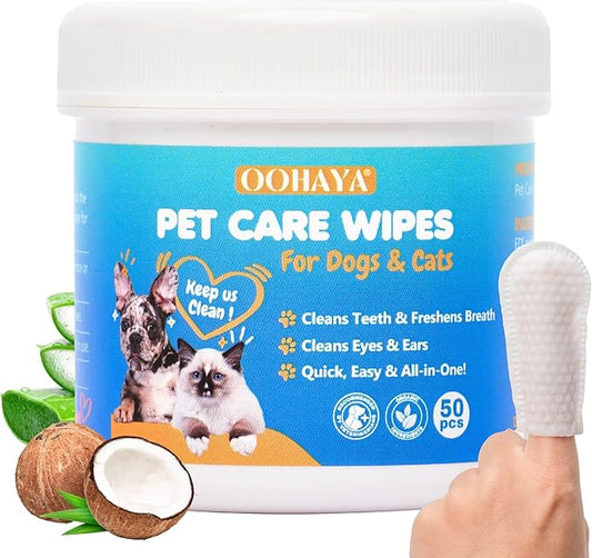 3-in-1 Pet Finger Wet Wipes for Dogs & Cats, Soft Disposable Finger Towels for Eye, Ear, & Dental Care, Freshen Breath with Deep Teeth Cleaning Support, Pack of 50