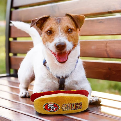 Pets First NFL SAN Francisco 49ERS HOT Dog Plush Dog & CAT Squeak Toy - Cutest HOT-Dog Snack Plush Toy for Dogs & Cats with Inner Squeaker & Beautiful Football Team Name/Logo, 8 x 5 x 3 Inches