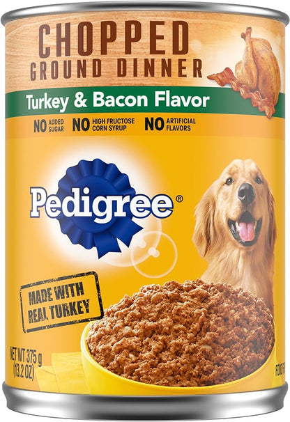 PEDIGREE CHOPPED GROUND DINNER Adult Canned Soft Wet Dog Food, Turkey & Bacon Flavor, 13.2 oz. Cans (Pack of 12)