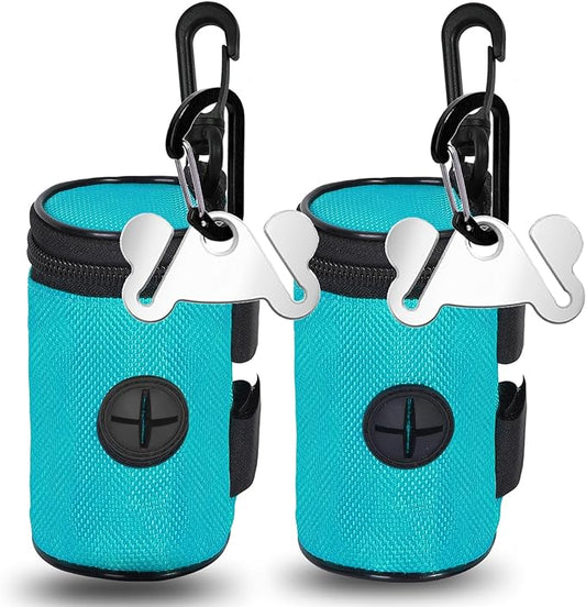 2 Pack Dog Poop Bag Holder for Leash Attachment - Waste Bag Dispenser for Leash - Fits Any Dog Leash - Portable Set with Hand Free Holder Metal Carrier, Round Style, Green