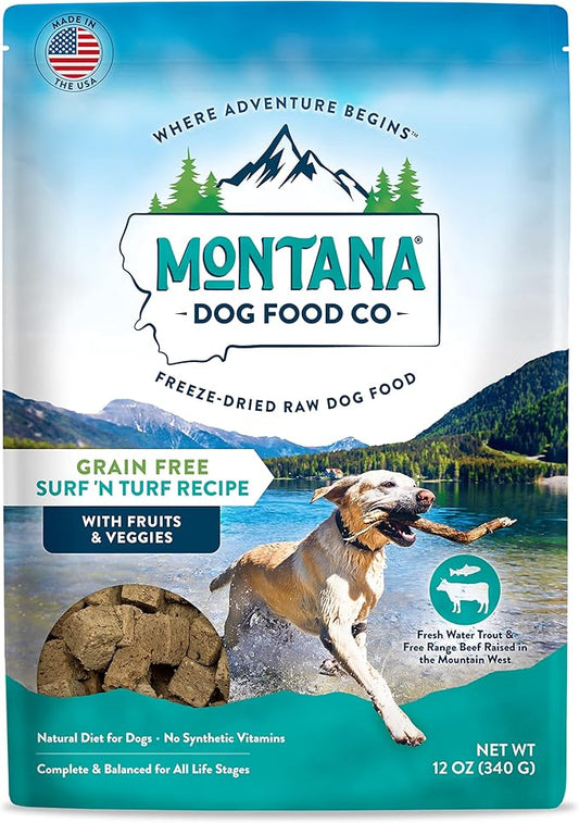 Montana Dog Food Grain-Free Small Batch Freeze Dried Raw Dog Food Topper & Complete Meal (Surf & Turf) – Made in USA, Added Prebiotics & Probiotics, No Synthetic Vitamins (12 oz)