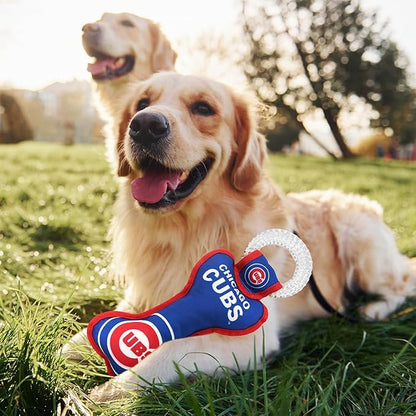 MLB Chicago Cubs Bone Shaped Dental Dog TUG Toy with Squeaker. Tough PET Toy for Healthy Fun, Teething, and Cleaning pet's Teeth and Gum.