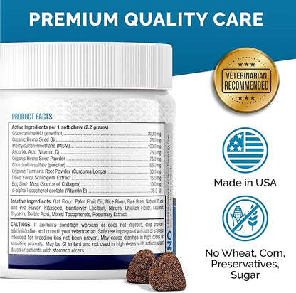 Premium Care Glucosamine Chews for Dogs with Hemp - Hip and Joint Health Supplement for Mobility Support - Dog Glucosamine Chews with Hemp for Dogs- 120 Hemp Treats