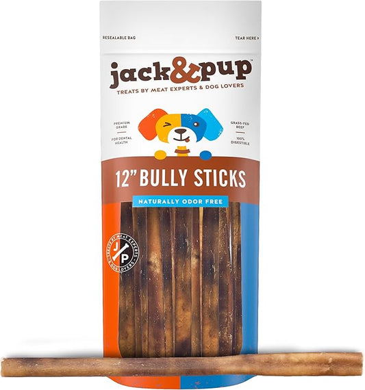 Jack&Pup 12-inch Premium Grade Odor Free Bully Sticks Dog Treats (18 Pack) 12” Long All Natural Gourmet Dog Treat Chews Fresh and Savory Beef Flavor – Long Lasting Treat