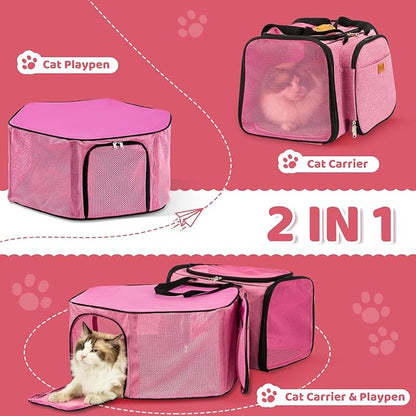 Cat Carrier, Detachable Pet Carrier Airline Approved, 18"x13.4"x11.8" Large Expandable Space 3 in 1 Soft Sided Small Dog Travel Bag, Rabbit Cat Kennel, Pet Mobile Tent Outdoors Indoors (Pink)